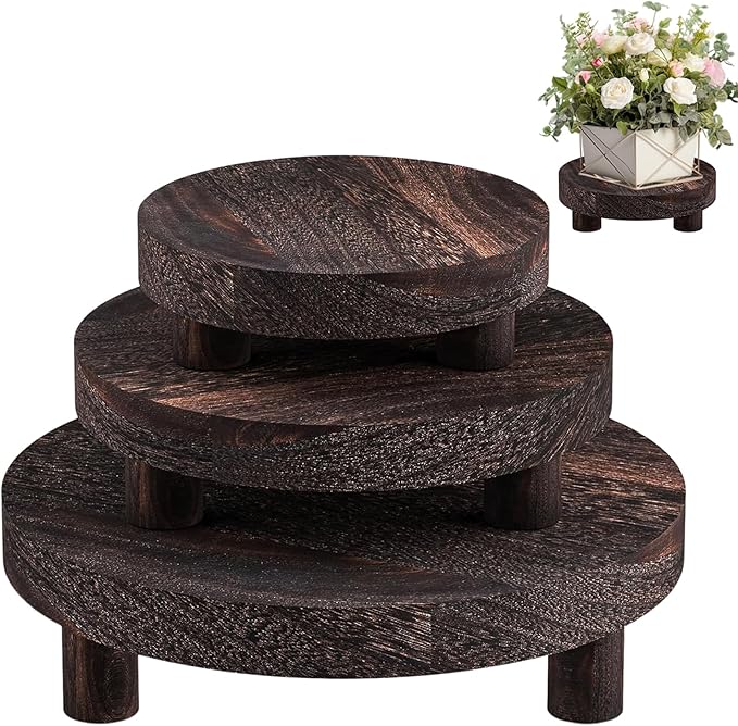 3 Pcs Wooden Risers for Display, Round Wood Riser Plant Stand 5/6/8" Pedestal Stand, Flower Pot Holder Small Planter Tray for Kitchen Home Décor (Rustic Brown)