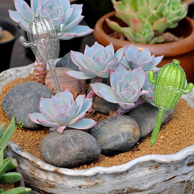 4 PCS Self Watering Spikes Devices, 3.38 oz (100 ml) Small Cactus Shape Plastic Watering Globes for Indoor & Outdoor Plants, Automatic Planter Waterer for Busy Individuals & Travelers (Green, Clear)