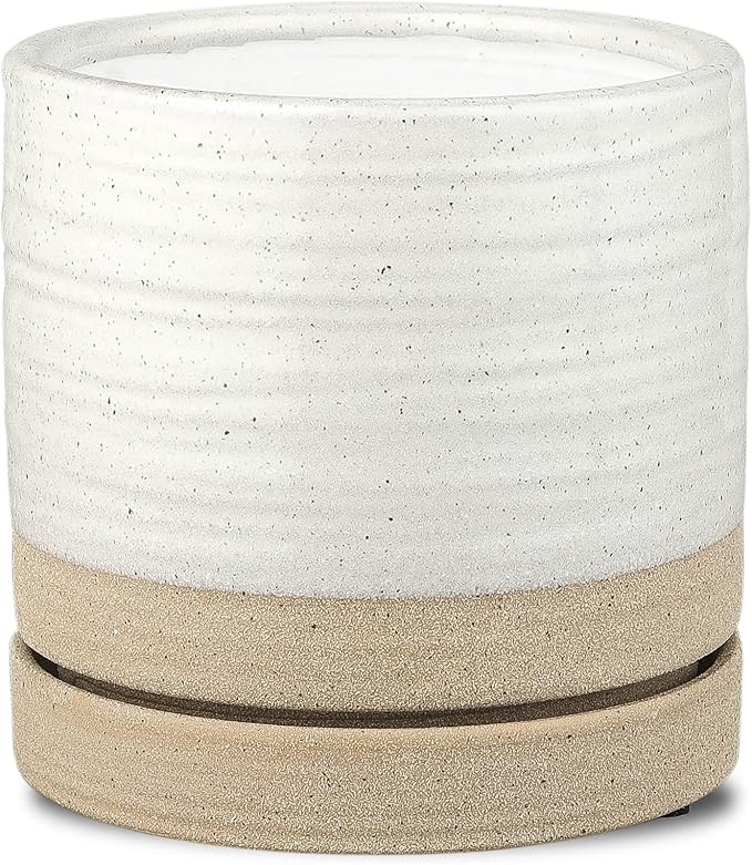 HERDUK 6 Inch Plant Pots, Ceramic Planter Pot with Drainage Hole & Saucer, Indoor/Outdoor Cylinder Round Planter Pot, White & Beige Glaze
