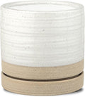 HERDUK 6 Inch Plant Pots, Ceramic Planter Pot with Drainage Hole & Saucer, Indoor/Outdoor Cylinder Round Planter Pot, White & Beige Glaze
