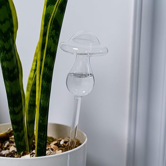 Kingbuy Mushroom Shaped Self-Watering Globes - 4 Pack Glass Automatic Plant Waterer for Indoor Outdoor Plants, Water Bulbs & Decorative Stakes for Plant Lovers