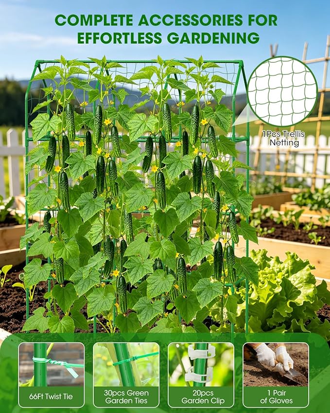 65" Cucumber Trellis for Climbing Plants Outdoor, Metal Garden Trellis for Raised Bed, Plant Support Structures with Netting for Cucumbers Tomatoes Beans Peas (50 * 17 * 65inch(L*W*H), Trellis)