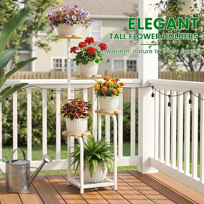 TOSKING 5 Tier Metal Anti-Tip Plant Stand indoor, Wide Base for Pots, Child and Pet Friendly ,Heavy Duty Plant Shelf , Corner Shelf, Flower Pot Stand for Multiple Plants, Indoor Plants Tiered Stand for Living Room Balcony Garden Patio Bedroom (White an...
