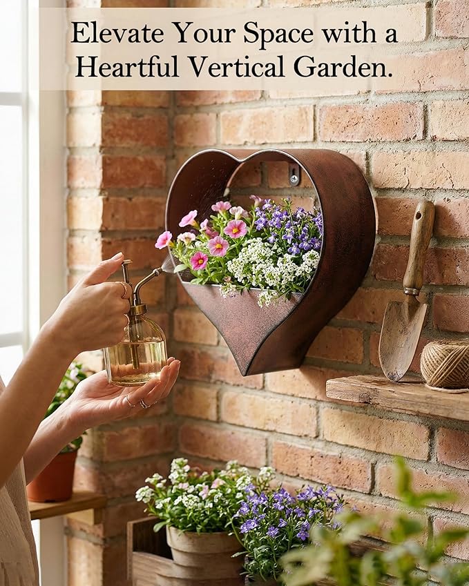 Metal Plant Hangers Indoor and Outdoor: Easter Gifts for Mom Women Her Wife Garden Lovers Birthday - Heart Shape Hanging Planters for Window Wall Living Room Office Decor(Rustic)