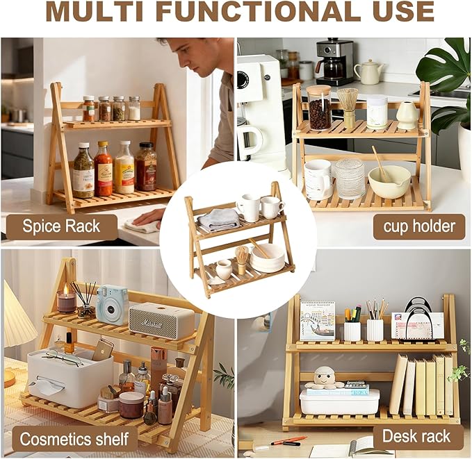 Wooden Matcha Station Shelf, 2 Tier Natural Finish Bamboo Countertop Organizer,15.7'' Coffee Station Organizer, Desktop Flower Pot Rack for Home Living Room Window Sill Foldable Display Storage Shelf