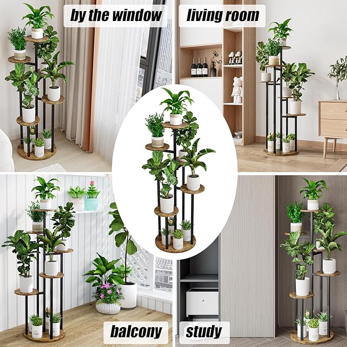 INGIORDAR Plant Stand Indoor Outdoor Corner Plant Shelf for Multiple Flower Pots Flower Stand Holder for Patio Garden Balcony Living Room (Black+Rustic Brown, 6 Tier)