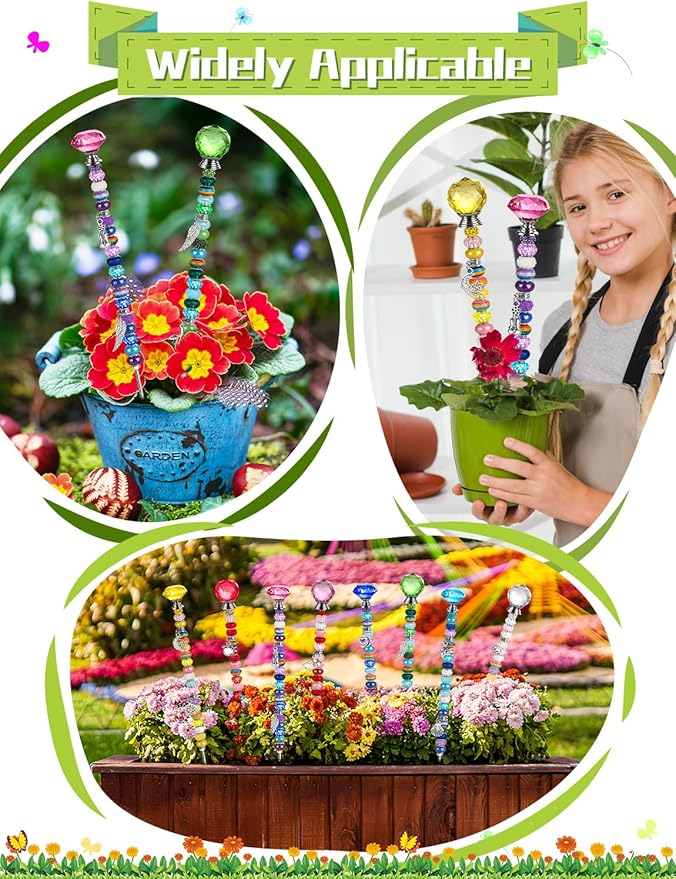336 Pcs Beaded Garden Stakes, DIY Fairy Wand Garden Stake Beads Kits with 272 Colorful Assortment Round Large Hole Beads with Sparkling Silver Crystal Pendants Stopper Top for Outdoor Beadable Items