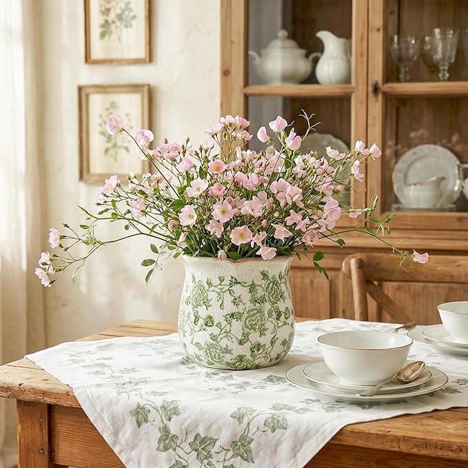 DREAMLOOM Vintage Ceramic Planter for Indoor Plants,6.1" Ice Crack Cottage Scroll Vase Tuscan Decor Flower Pots with Drainage Holes Home Kitchen Farmhouse Antique Decorative Gift (Green-Corrugated)