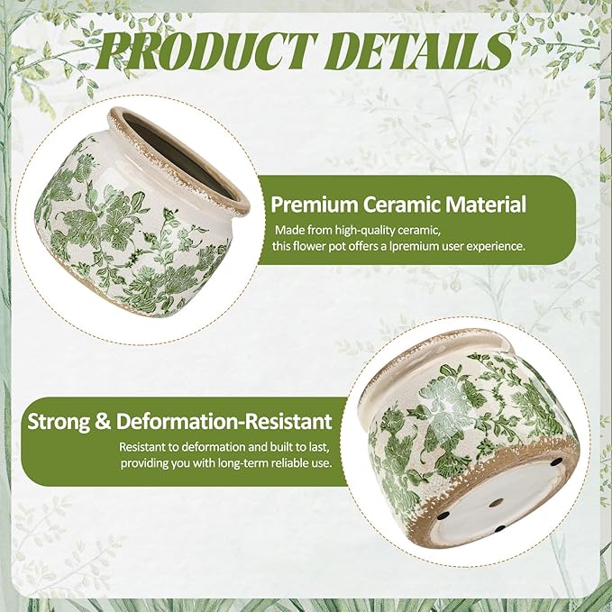 7.7" Large Ceramic Plant Pot Beige Green Vintage Floral Crackle Glaze Rustic Flowers Pot Decorative Planter with Drainage for Indoor Outdoor Plants Home Kitchen Office Decor Gift