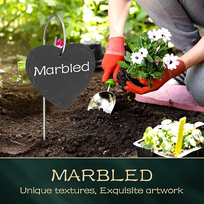 10-Pack Marble Heart Shaped Garden Markers,Weatherproof Metal Plant Labels Large Planting Seedling Stake Signs, for Seedlings Herbs Vegetable Greenhouse Gifts with White Marker Pen Labels