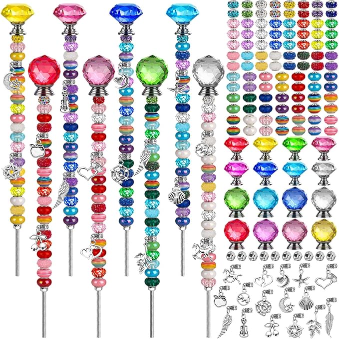 336 Pcs Beaded Garden Stakes, DIY Fairy Wand Garden Stake Beads Kits with 272 Colorful Assortment Round Large Hole Beads with Sparkling Silver Crystal Pendants Stopper Top for Outdoor Beadable Items