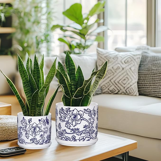 Set of 2 Blue and White Ceramic Plant Pots with Drainage Hole and Saucers, Retro Blue Porcelain Flowers Round Planters for Succulent Cactus Indoor Outdoor Garden Home Desktop Decor, 4.5+5.5 Inch