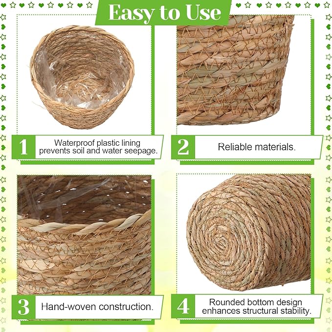 4 Pcs Straw Plant Baskets Indoor Rattan Woven Flower Baskets with Plastic Liner, Cattail Plant Planter for Indoor Outdoor Rustic Boho Home Farmhouse Floor Potted Pots Decor