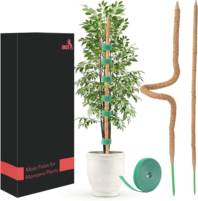 UNCO- Bendable Moss Pole Monstera Plant Support, 48 Inch, 2 Pack, 10 Feet Plant Ties, Moss Poles for Climbing Plants and Monstera Trellis