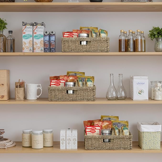 StorageWorks Pantry Baskets, Wicker Storage Baskets for Organizing, Shelves, Pantry Organizers and Storage, Seagrass, 15½"L x 11¾"W x 4 ¾"H