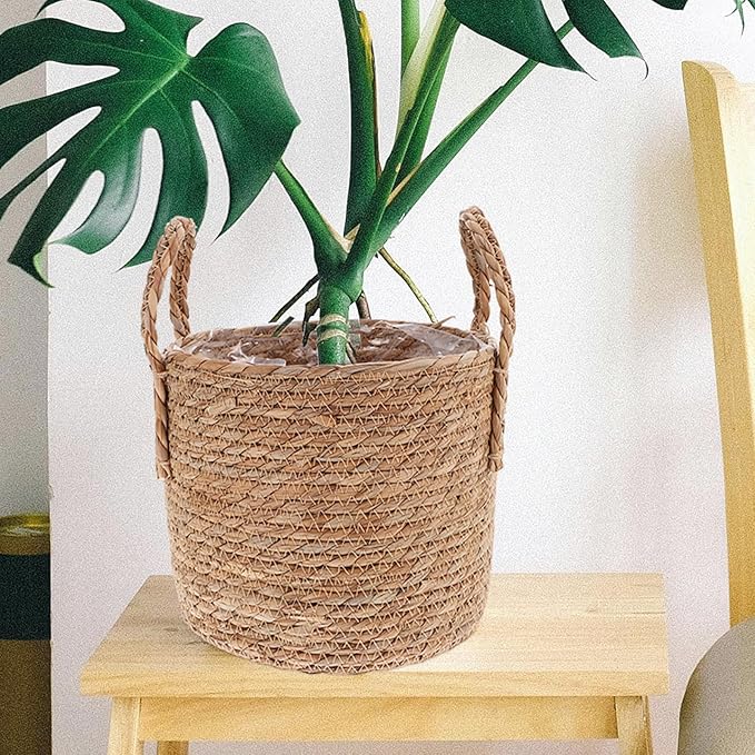 Cabilock Seagrass Planter Basket Wicker Flower Pot Straw Flowerpot for Indoor Plants 9.8 H X 9.8 W Decorative Boho Style Planter for Living Room Patio Garden
