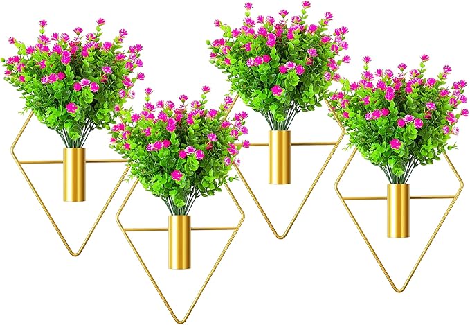 2 Pack Wall Decor Hanging Planters with Artificial Plants Metal Hanging Vase Indoor Plants Holder Modern Boho Wall Art for Bathroom Bedroom Living Room Office (Gold Eucalyptus)