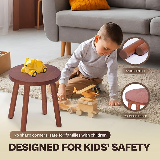 Wooden Stool Small Round, Solid Rubberwood Plant Stand Indoor, 11.8" Mini Wood Side Table for Living Room Bedroom Bathroom, Rustic Farmhouse Decorative Stool (Walnut Color)