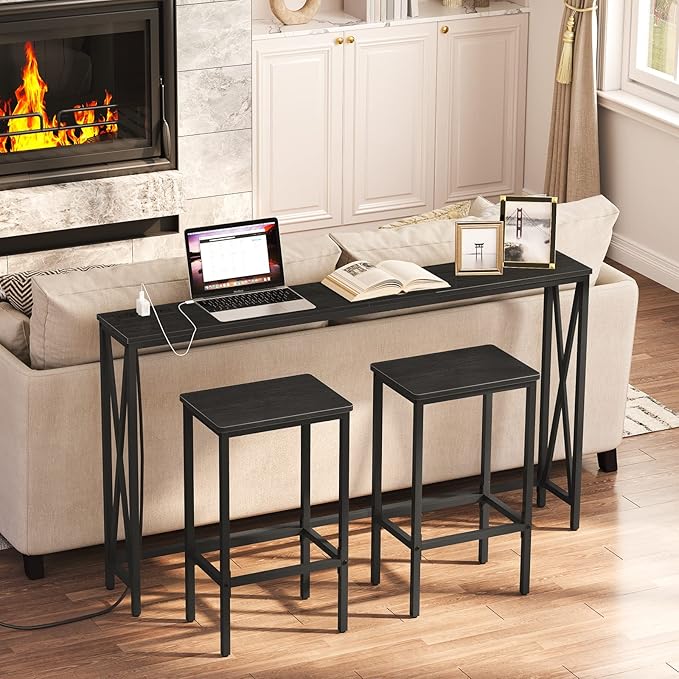 MAHANCRIS Bar Stools, Set of 2 Bar Chairs with Footrest, 2-Piece Dining Stools, 25.8-Inch Height, Rectangular Industrial Bar Stools, Strong Metal Frame, for Dining Room, Kitchen, Black BAHB0101