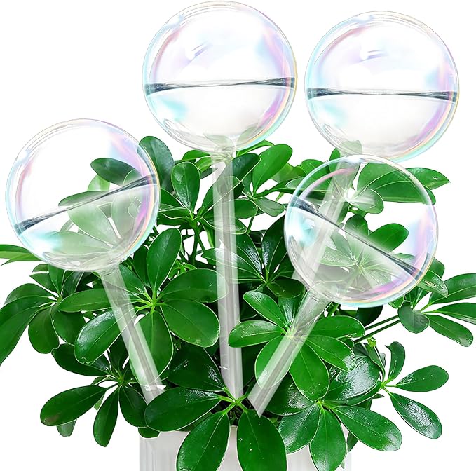 Self Watering Globes, Glass Rainbow Plant Watering Globes, Self Watering Planter Insert for Indoor & Outdoor Potted, Self Watering Planter Insert Spikes Devices for Everyday or Vacation Use, 4 Pack
