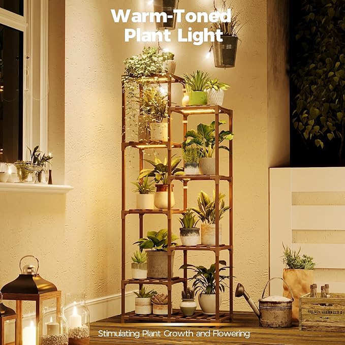 Bamworld Plant Stand with Grow Lights Indoor Outdoor 9 Tier Tall Large Wood Plant Shelf Multi Tier Flower Stands Garden Shelves Wooden Plant Display Holder Rack for Living Room Corner