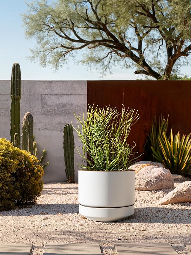 LE TAUCI 14 Inch Large Plant Pot with Saucer, Ceramic Outdoor & Indoor Big Planter with Drainage Hole, Mesh Pad Included, Matte Glazed Outside, Modern for Home and Patio, Alpine White & Ochre