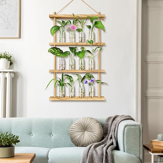 Plant Propagation Stations Wall Hanging Plant Terrarium with Wooden Stand, Wall Planters Vase for Hydroponic Plants Cutting,Home Office Decor Plant Lover Gifts