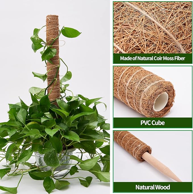 Eibikdi 6 Pcs Moss Pole Extending to 68 Inches for Plants Monstera, Plant Support Stakes for Indoor Climbing Plants Grow Upwards, with 65ft Twist Ties, 13ft Jute Rope, 6.5ft Hook-and-Loop Strip