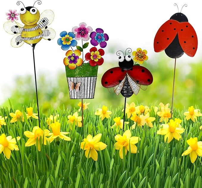 Garden Decor Metal Yard Stakes Spring Lawn Art Decorative Plant Stake Indoor Outdoor Ornaments Decoration for Patio Pathway Backyard (Bee)