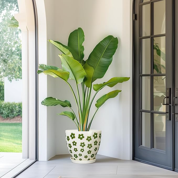 MPotTo Ceramic Flower Pot - 10 Inch Plant Pot Indoor with Drainage Hole and Saucer, Boho Round Ceramic Planter for Indoor Outdoor Plants, Plant Lover Gifts, Home Garden House Decor, White