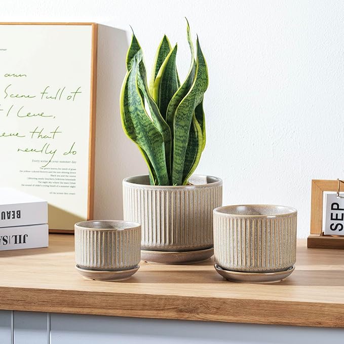 SURE YUESI Speckle Gray Ceramic Plant Pots Set of 3 (4.3”+5.5”+6.7”) Indoor Striped Planters with Drainage Hole, Saucer Pad, Decorative Pots for Plants & Gardening
