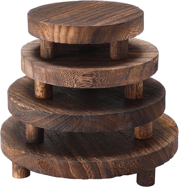 Geetery 4 Pcs Wooden Risers for Display Wood Pedestal Stand Mini Tray Stand Round Wooden Pedestal Holder Rustic Riser for Decor Tiered Tray Decor Home Kitchen, 5/6/7/8 Inch(Brown)