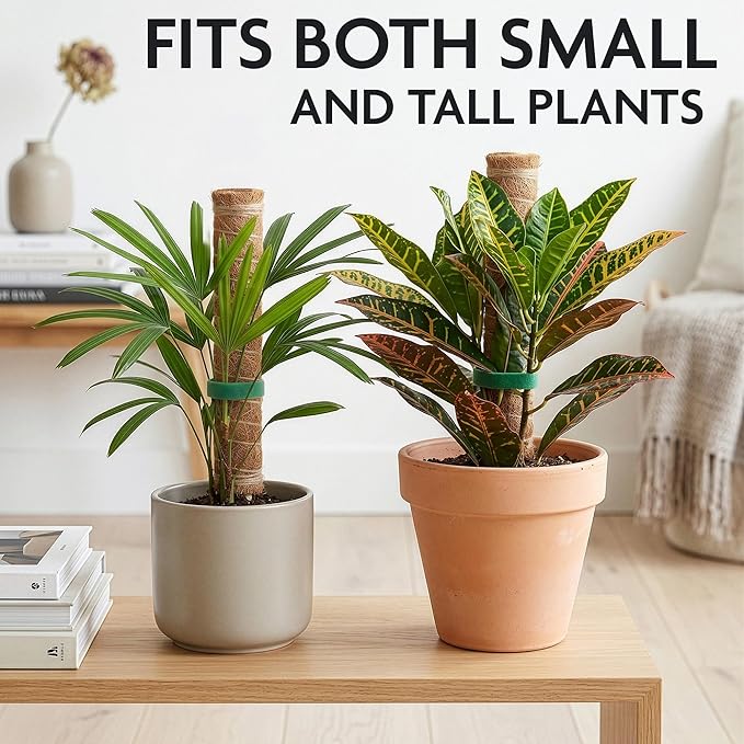 2 Pcs Small Moss Pole Monstera Plant Support Set - 15.75" Pothos Plant Climber Support with Connectable Design, Fixation Strip, Coconut Fiber Moss Poles for Monstera Plants, Money Plants, Philodendron