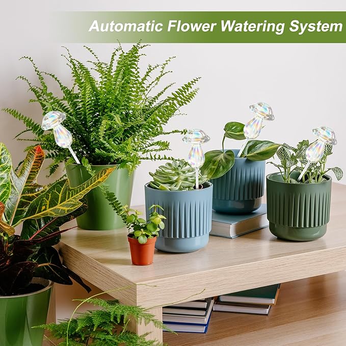 4pcs Plant Watering Globes Self Watering Planter Insert Devices,Glass Watering Bulbs Mushroom Pattern Watering Globes for Indoor Plants Top-Fill Watering Rainbow Colors (Mushroom)