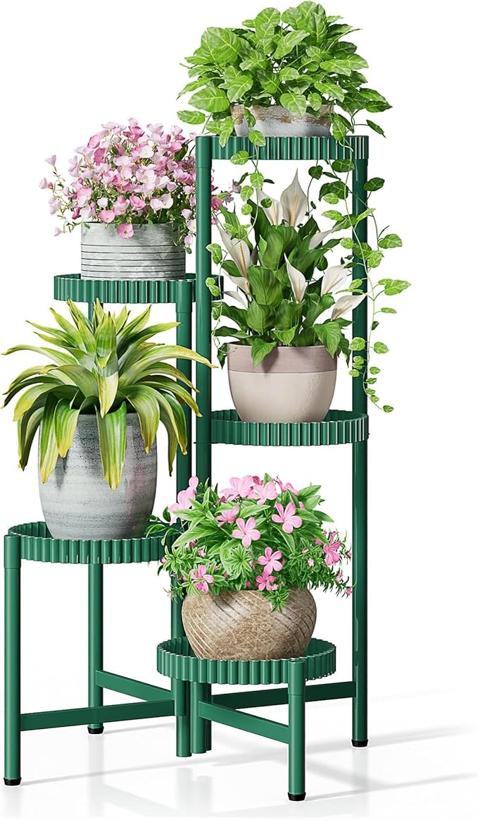 5 Tier Large Plant Stand Indoor, 7.9 Inch Wide Corner Tall Metal Plant Stands Outdoor for Multiple Plants, Folding Tiered Flower Display Holder Rack Shelf -GreenFloroma