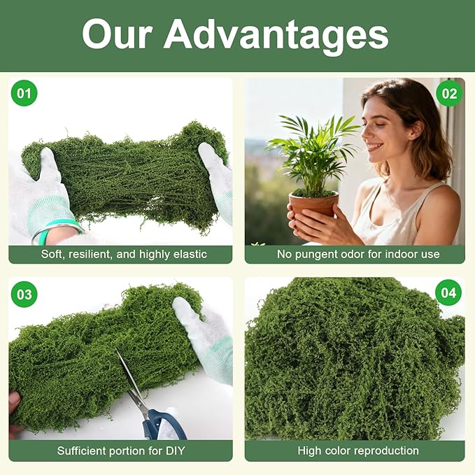 MGLIFEUL 12OZ Artificial Fake Moss for Crafts Plants Indoor with Non-Stick Gloves and Tweezers，Preserved Green Plant Faux Craft Moss Musgo for Fairy Garden Indoor Outdoor Home Decorating Model Making