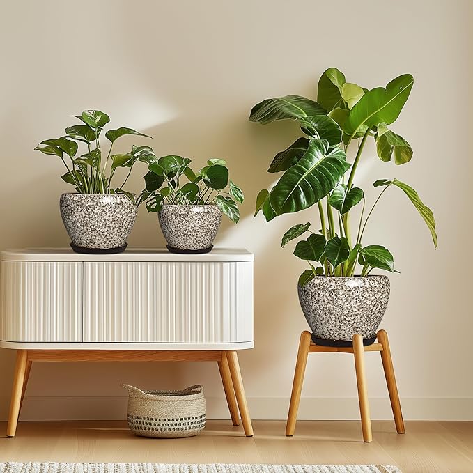Ceramic Pots for Plants - 10 Inch Planters for Indoor Outdoor Plants, Decorative Plant Pots with Drainage Hole and Saucer, Large Plant Pot, Living Room Decor, Gardening Gifts, White Leopard