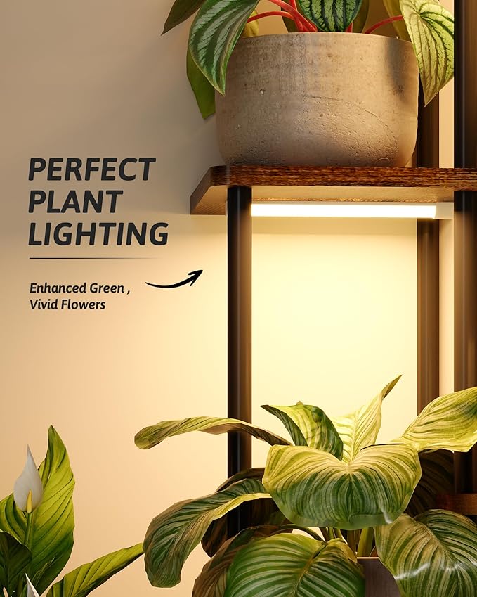 GENTINGBRO Plant Stand with Grow Light for Indoor Plants Corner Plant Stand 6 Tier Metal Plant Shelf Tall Plant Stand Plant Table Flower Stand for Living Room Bedroom Balcony Patio Brown Oak