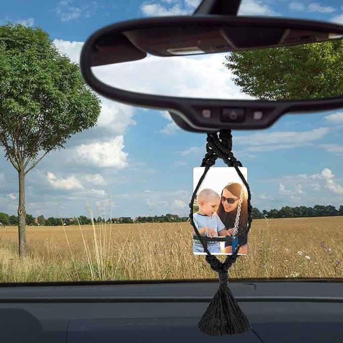 JenPen 4 Pcs Car Picture Hanger Frames Macrame Holder for Car Photo Display Bohemian Hanging Accessories Rearview Mirror Pendant Ornaments Boho Wall Decor