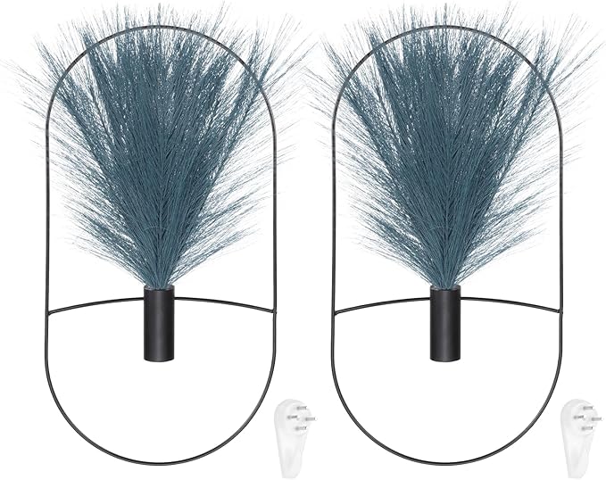 uxcell 2 Pcs Wall Decor Metal Black Wall Art Hanging Planters with Artificial Pampas, Wall-Mounted Decor Metal for Display Artwork Plant Hanging Living Room Bedroom, Blue (Oval)