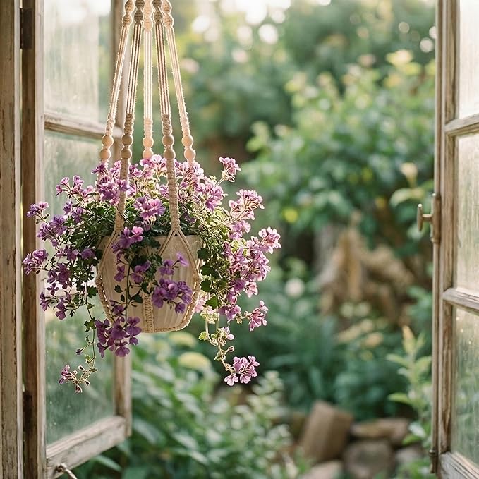 Macrame Plant Hanger 35", No Tassel Hanging Plant Holder, Sturdy Flower Pot Holder with 2 Hooks - Ivory