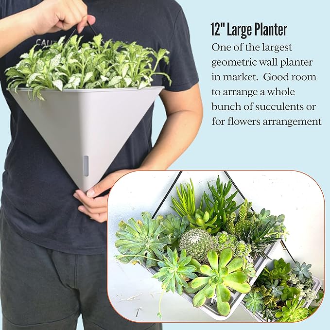 LaLaGreen Wall Planters - 4 Pack, 12 Inch Large Self Watering White and Gray Mixed Color Geometric Indoor Vertical Garden Plant Wall Hanging Flower Vase Vessel with Black Metal Hanger Modern Stylish