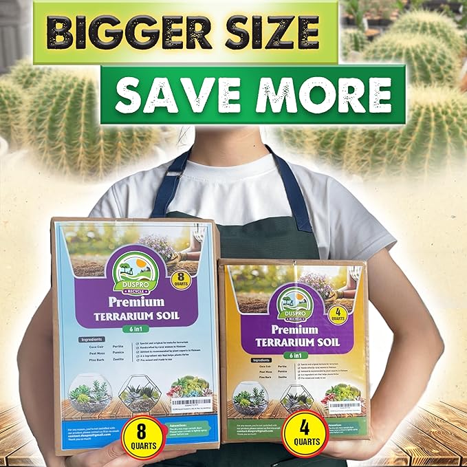 DUSPRO Recycle Premium 6in1 Terrarium Soil Mix – Pre-Mixed Terrarium Substrate Mix for Terrariums, Balanced Moisture Growing Medium with Coco Coir, Peat Moss, Pine Bark, Perlite, Pumice & Zeolite 4QRT
