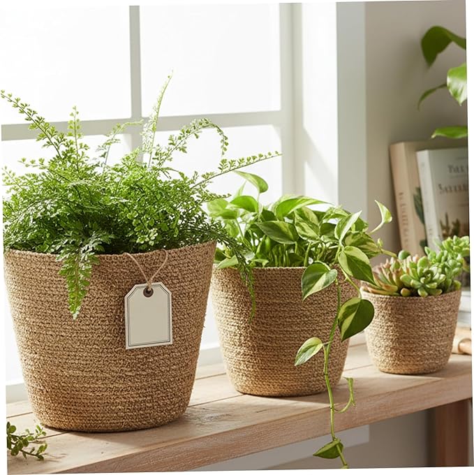 3PCS Woven Planter Rustic Seagrass Baskets with Liners for Indoor Plants Natural Rattan Plant Basket (3 Size) Set 1