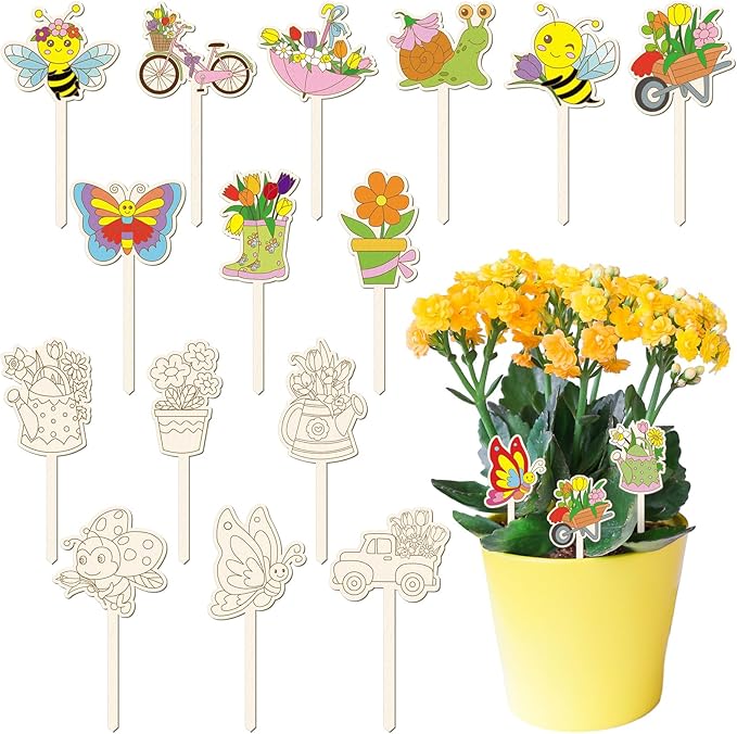 DoubleFill 15 Pcs Wooden Spring Plant Stakes Crafts Color Your Own Spring Sticks for Plant DIY Craft Kits Unfinished Wood Cutouts Butterfly Watering Can Snail Flower Shape for Gardener Gardening Gifts