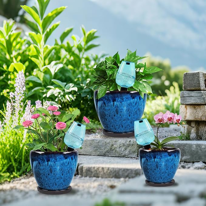 Ceramic Pots for Plant with Self Watering Globes, 6 inch Planters for Indoor Plants with Saucer, Glaze Flower Pots Outdoor with Drainage Holes, Decorative Garden Pots