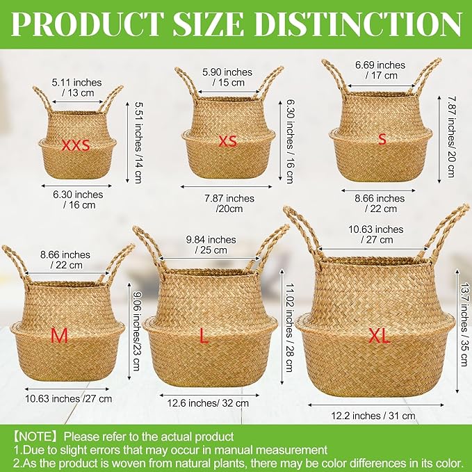 Qunclay 4 Pcs Woven Seagrass Baskets Belly Basket Folding Boho Natural Plant Pot with Handles Round Decorative Wicker Large Indoor Planter for Home Outdoor Tree Planters Decor (XXS,6.3''dx5.5''h)
