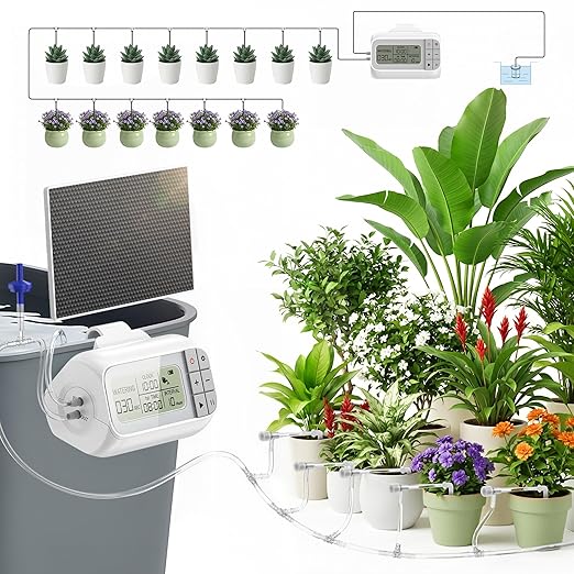Automatic Drip Irrigation Kit, Solar & USB Rechargeable Auto Plant Watering System with Programmable Timer, Anti-Siphon Valve, DIY Irrigation System for up to 15 Outdoor/Indoor Potted Plants