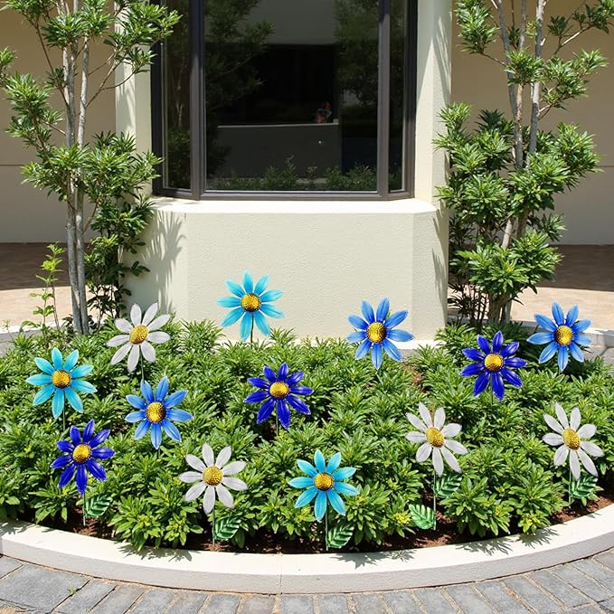 10 Pack 15.7" Outdoor Flowers, Metal Yard Art, Metal Flowers for Outside, Garden Stakes Decorative, Plants Garden Decor (Mix B)