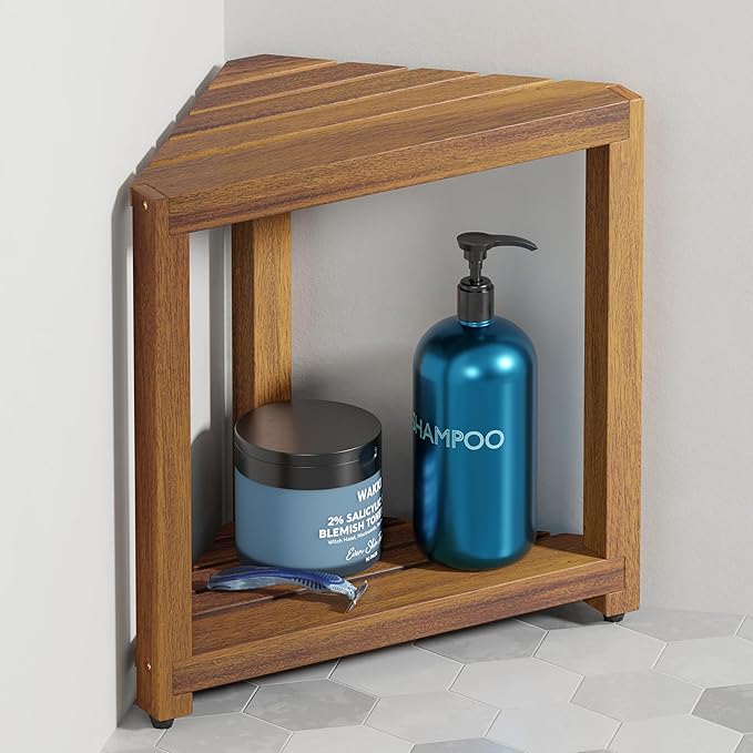 BLUEWEST 16.5" Acacia Wood Corner Shower Stool, Wooden Corner Shower Bench for Shaving Legs Inside Shower, Waterproof Shower Foot Rest with Storage Shelf, Shower Seats and Benches